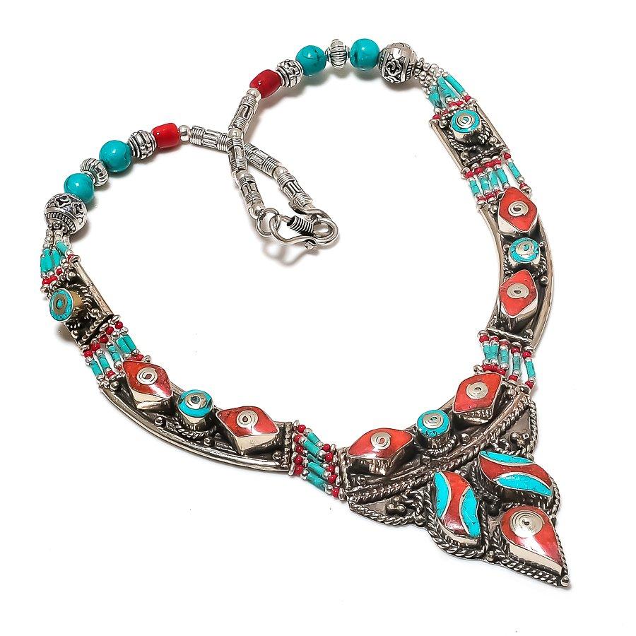 

Natural Tibetan Turquoise, Coral 925 Sterling Silver Jewelry Necklace 18 z6k87