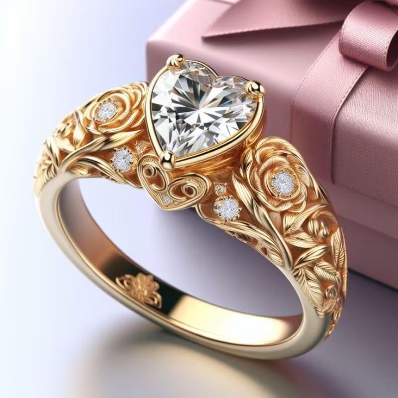 New Bohemian Style Gold-Plated Heart Ring Vintage Floral Design Women's Wedding Party Ring