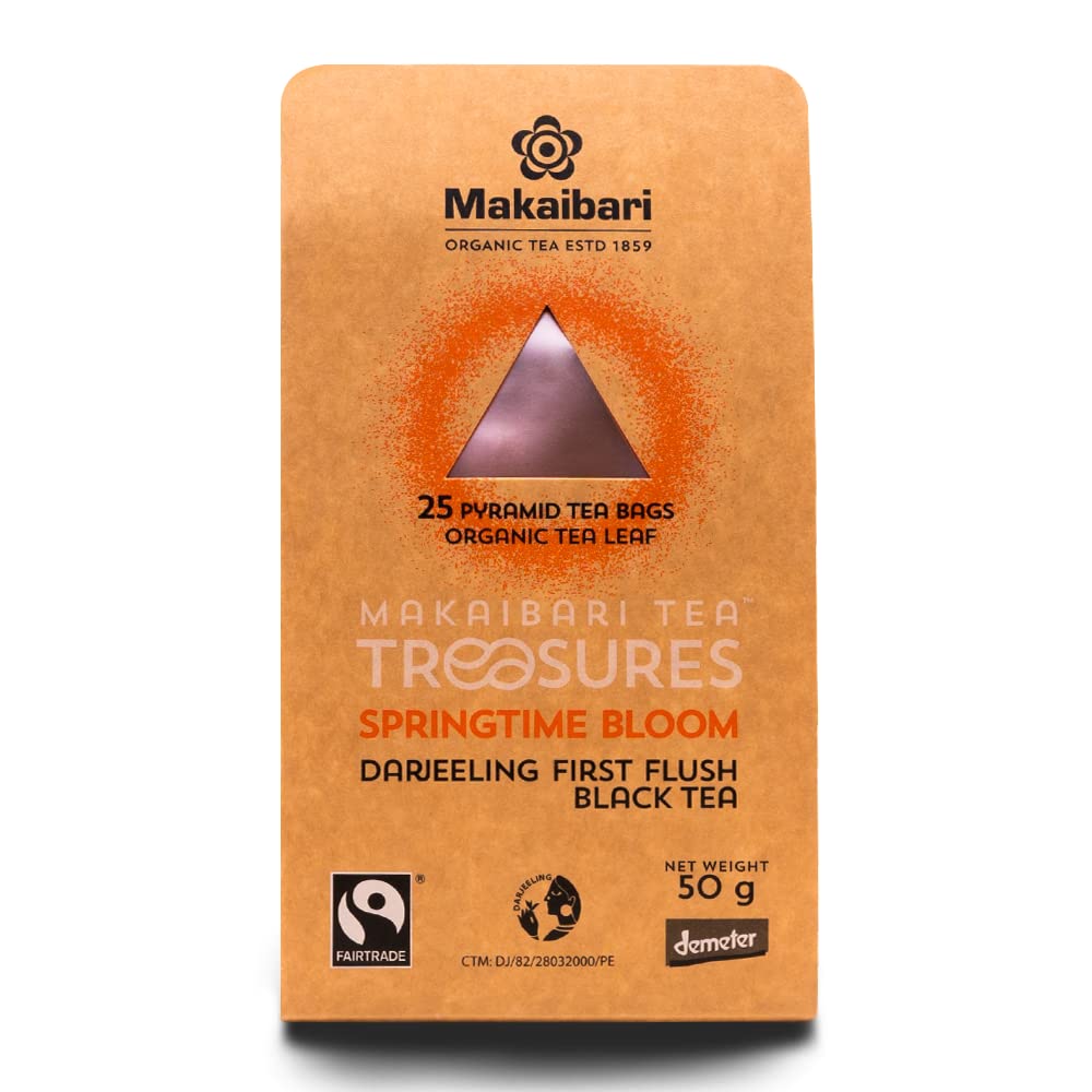 

Makaibari Springtime Bloom First Flush Darjeeling Black Tea Bags USDA Organic Single Estate Loose Leaf 25 Bags 50 gm
