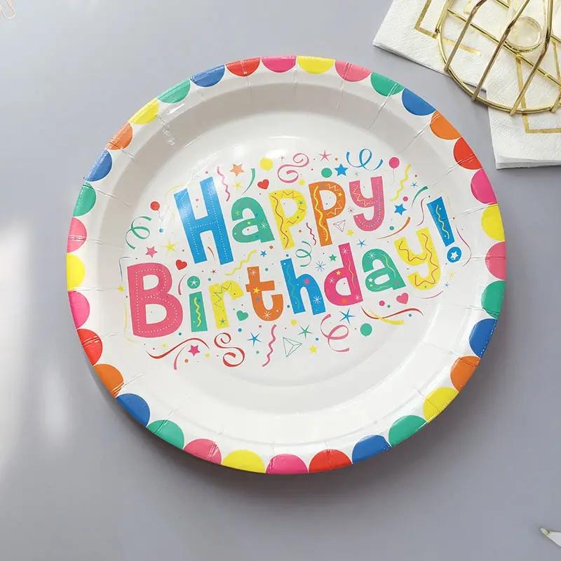 20/40pcs Disposable Paper Plates Drinking Cups Round Shape Dessert Fruit Cake Plate Birthday Party Tableware Party Decoration