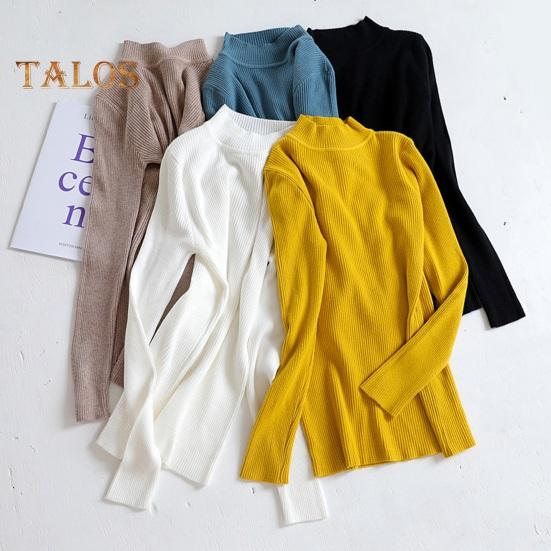 Women Knitting Bottoming Shirt Half High Collar Long Sleeve Solid Color Slim Fit Bottoming Tops Ribbed Warm Knitwear