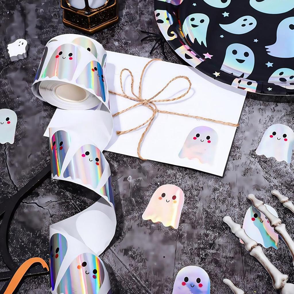 500pcs/roll Halloween Decorations Stickers Ghost Adhesive Stickers Room Decor Holographic Decals For Crafts Bottle Bags Book