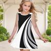 Girls Sleeveless Round Neck Black White Gray Geometric Printed A Line Flared Dress