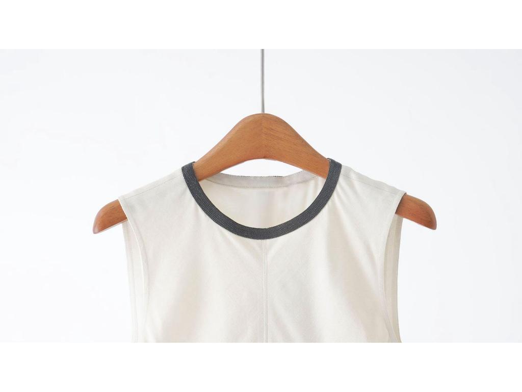 BC~26 Frühling/Sommer Perlenbesetztes Rundhals-Ärmelloses Französisch Elegantes Weste-Langes Kleid für Damen