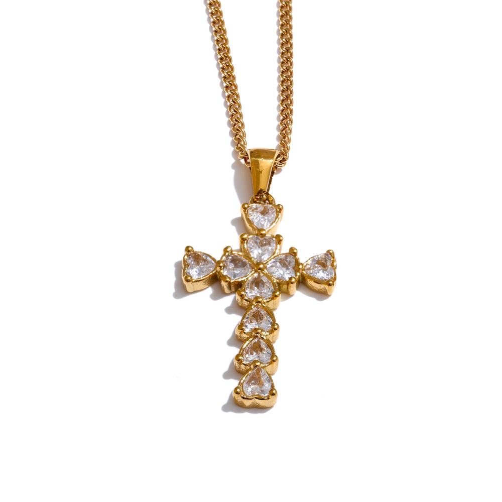 Yhpup Shiny Cubic Zirconia Cross Pendant Necklace 18K Gold Color PVD Plated Fashion Trendy Casting Technology Popular Jewelry