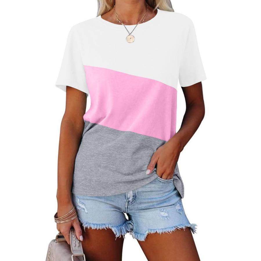Women's Summer Color Matching Top Casual Short Sleeve Crew Neck T-Shirt