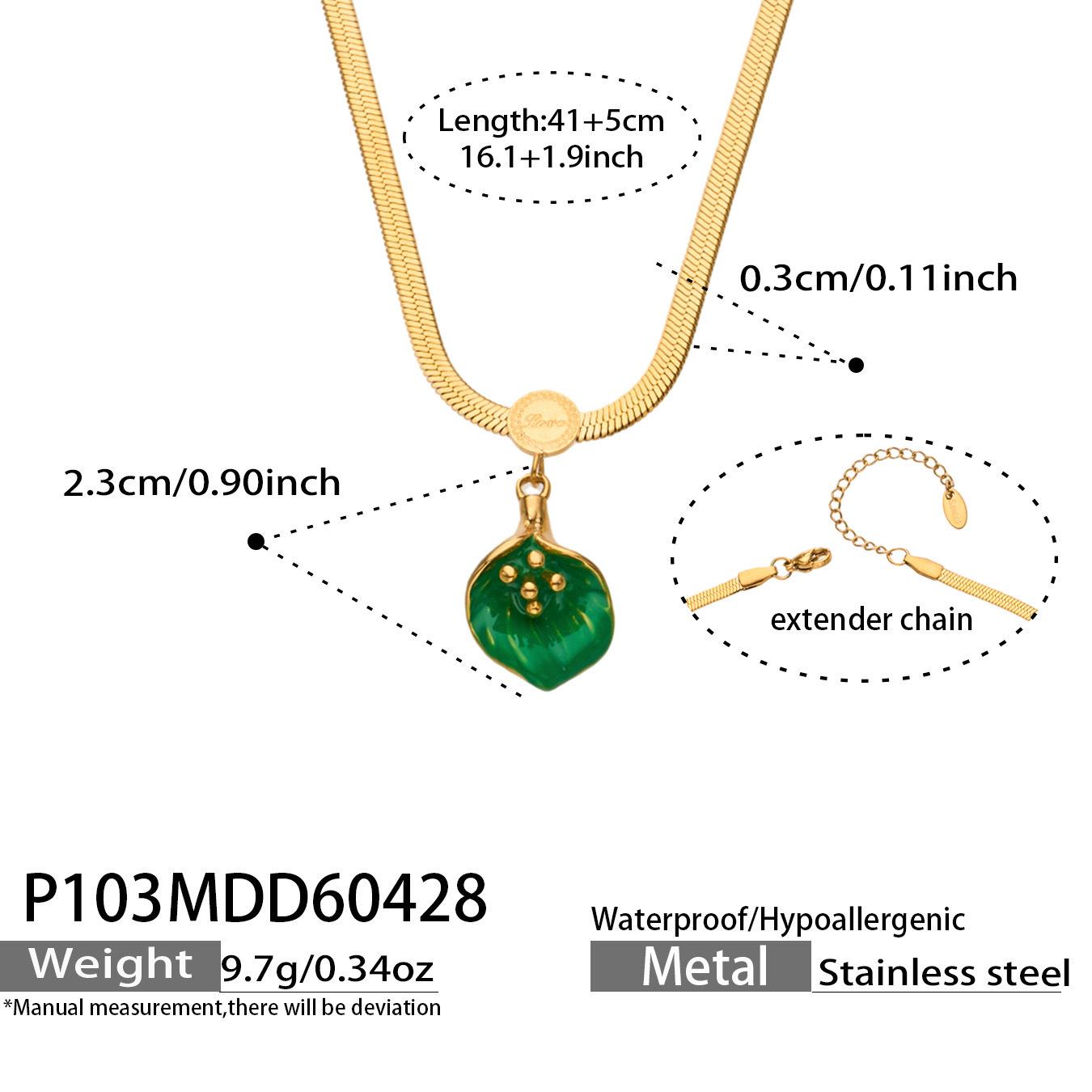 18K Gold-Plated Snake Bone Chain Necklace with Green Leaf Enamel Pendant for Women