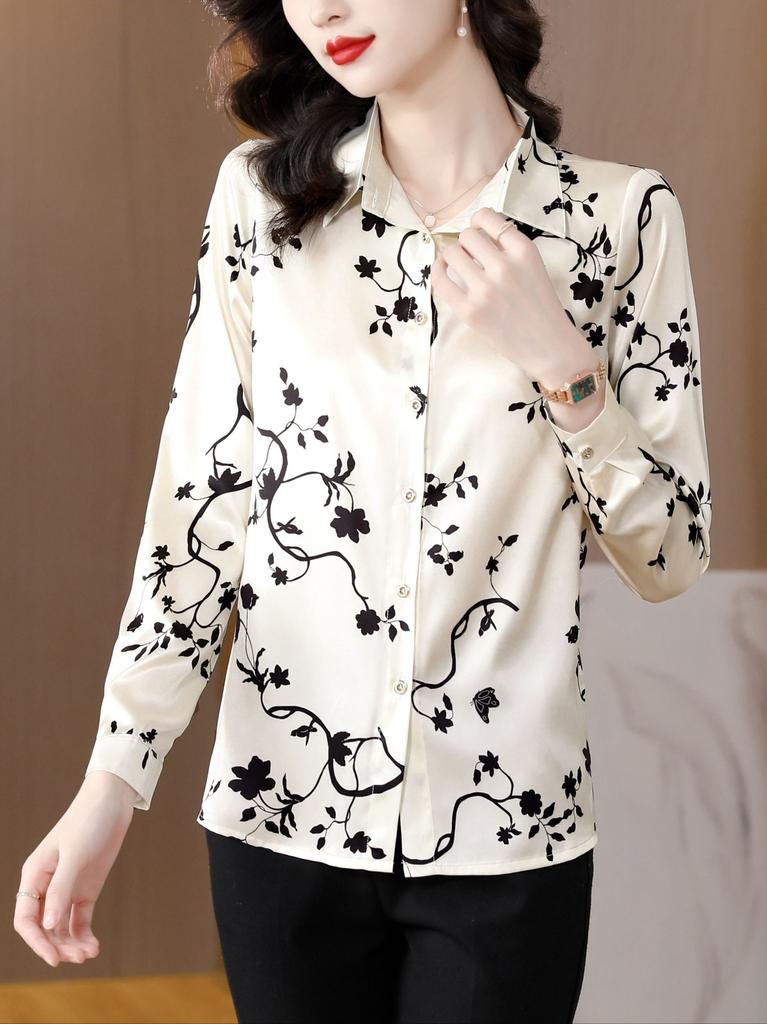 Elegant floral print long-sleeve women's shirt, stylish spring blouse with refined design