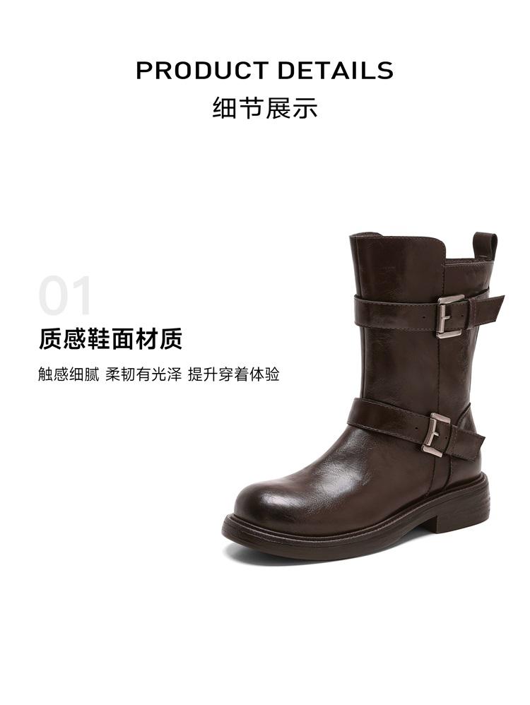Saturday temperament Maillard boots children's 2025 autumn and winter new belt buckle round toe mid length boots European and American fashion boots