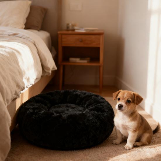 Donut Pet Bed Fluffy Round Cat Bed with Anti-Slip Bottom Cozy Shaggy Plush Dog