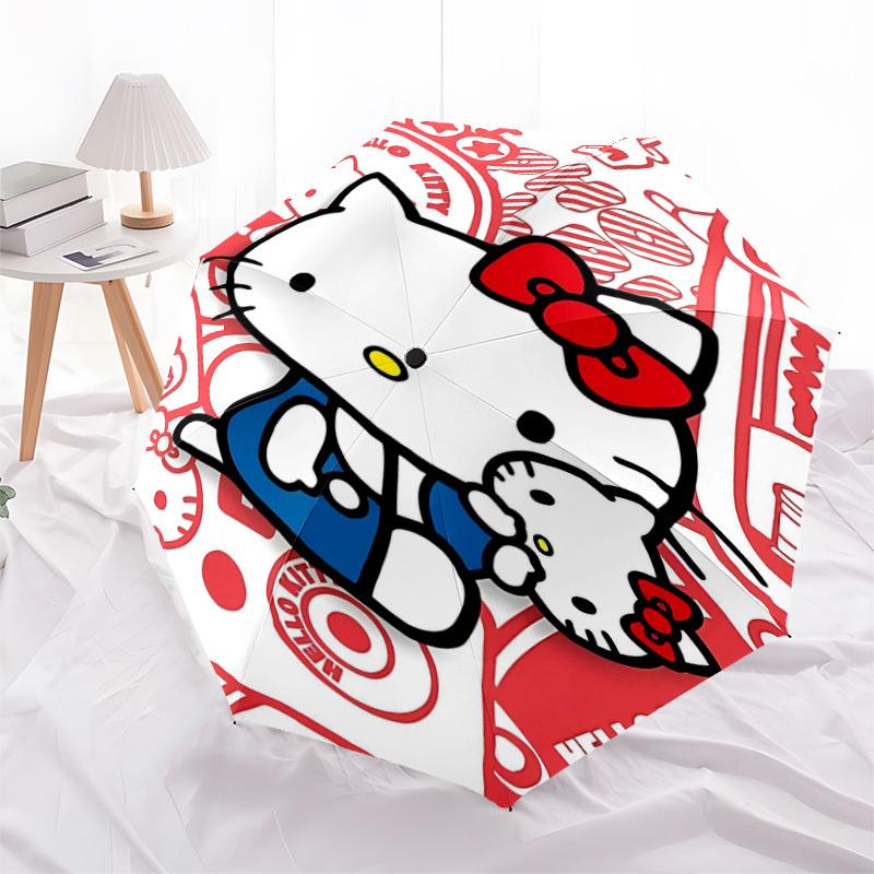 1 Stück Hello Kitty, Rot und Weiß, Automatisches Öffnen/Schließen, 8-Speichen Langlebiges Gestell Kompakter Reise-Regenschirm für Damen und Herren S1222055