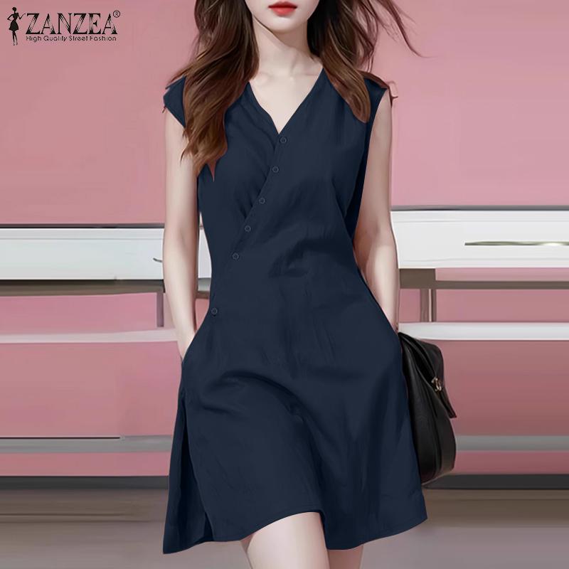 ZANZEA Women Summer Casual V-Neck Loose Sleeveless Dress