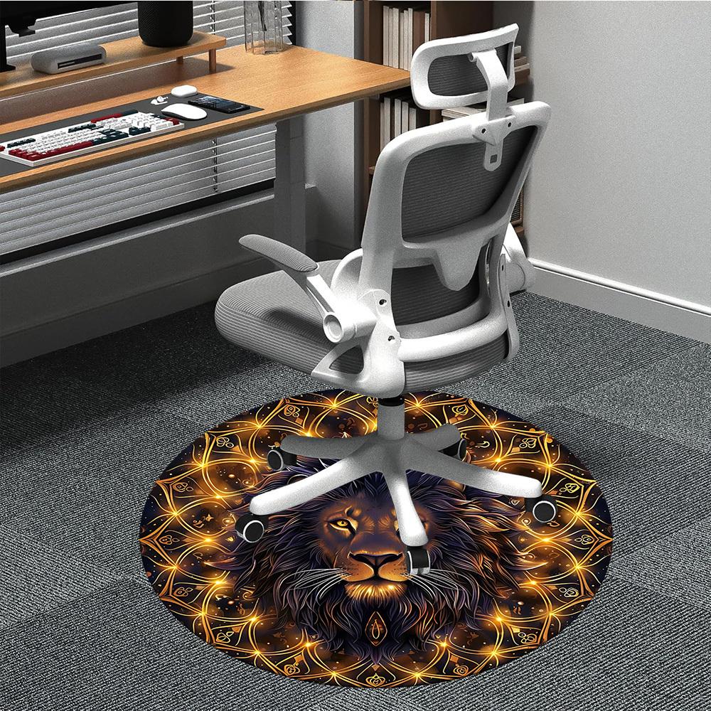 1 Stück Löwen Mandala Stuhlteppich für das Büro, Runde Polyestermatte, Innendekoration für das Büro, Pflegeleichtes Gewebe, Waschbarer rutschfester Teppich