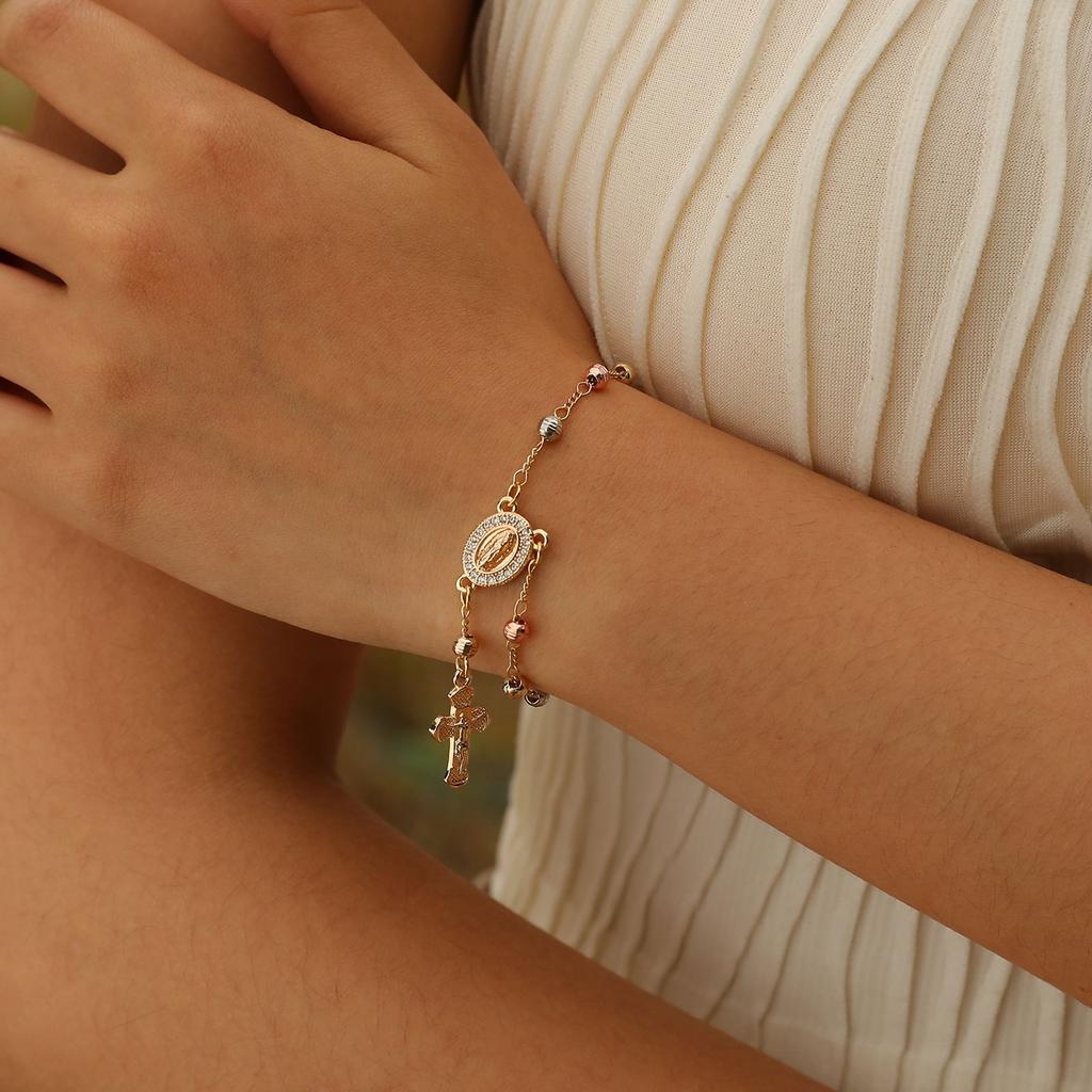 Virgin Mary Rosary Bead Cross Bracelet for Women, Tri-color Adjustable Chaiin Virgin of Guadalupe Bracelet Jewelry Gift