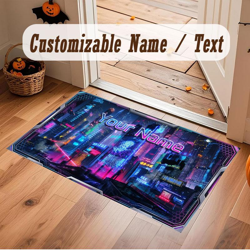 Stadt Cyberpunk Thema Kristall Samt Boden Teppich Personalisiert Benutzerdefinierter Name Text Warmer Teppich Heimdekoration