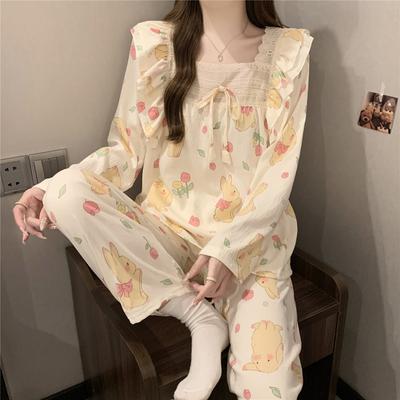 Cartoon Cute Kawaii Lace Sweet Lady Pajamas Ruffled Square Collar Y2k Bow Lounges New Autumn Winter Cloud Cotton Nightgown