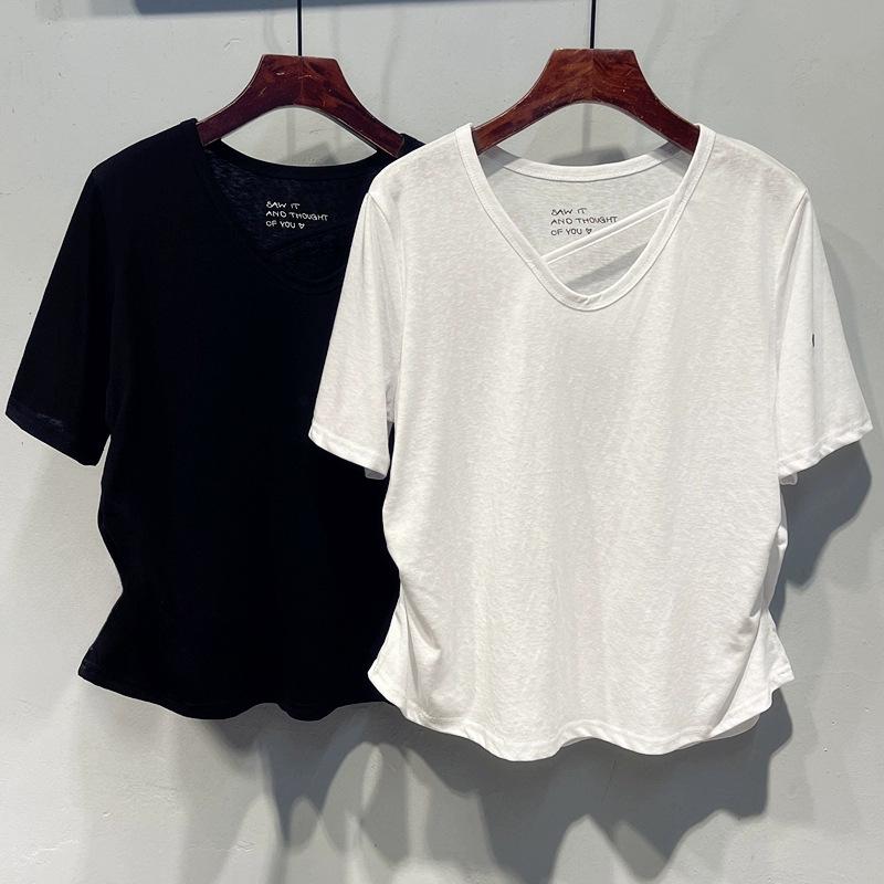 European Plus Size U-Neck Ruched Short-Sleeve Cotton T-Shirt for Summer 2025
