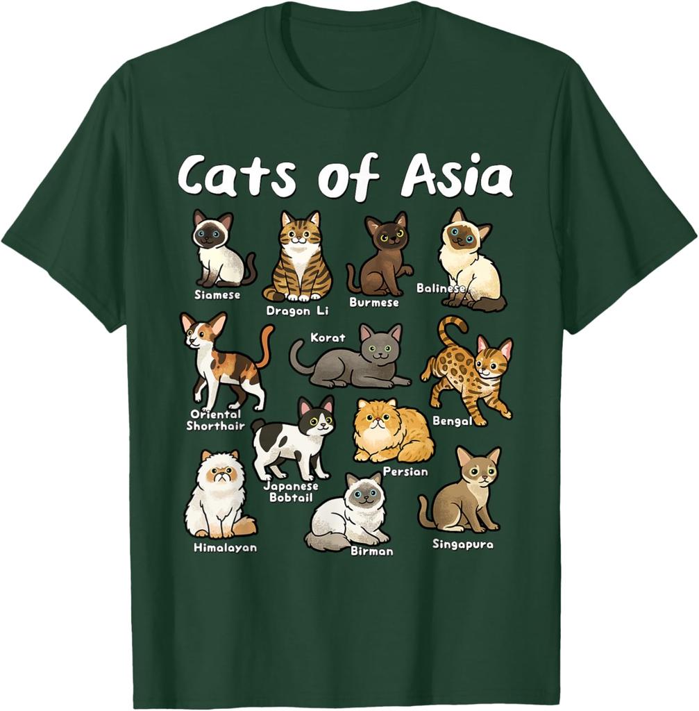Cats of Asia Breeds Graphic Tee Casual Cotton Short Sleeve T-Shirt for Men Trip