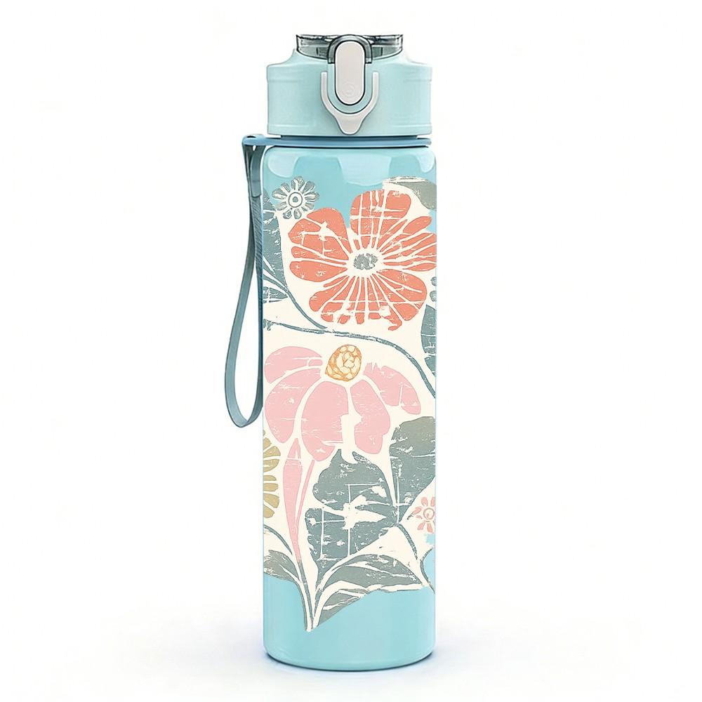 1PC Vintage Soft Floral Bouquet Print 750ml Color Plastic Sports Water Bottle Leakproof Flip Straw Lid Suitable for Sports Office Home Use