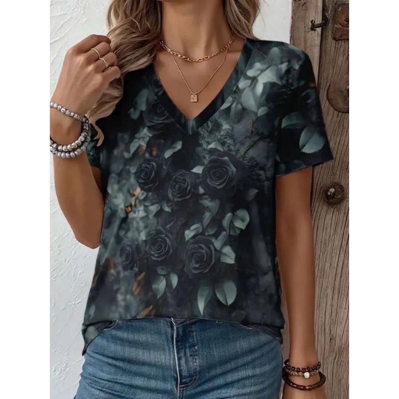 Fashion Women's V-Neck Short Sleeve 3D Flower Color Printing V-Neck Flower Short Sleeve
