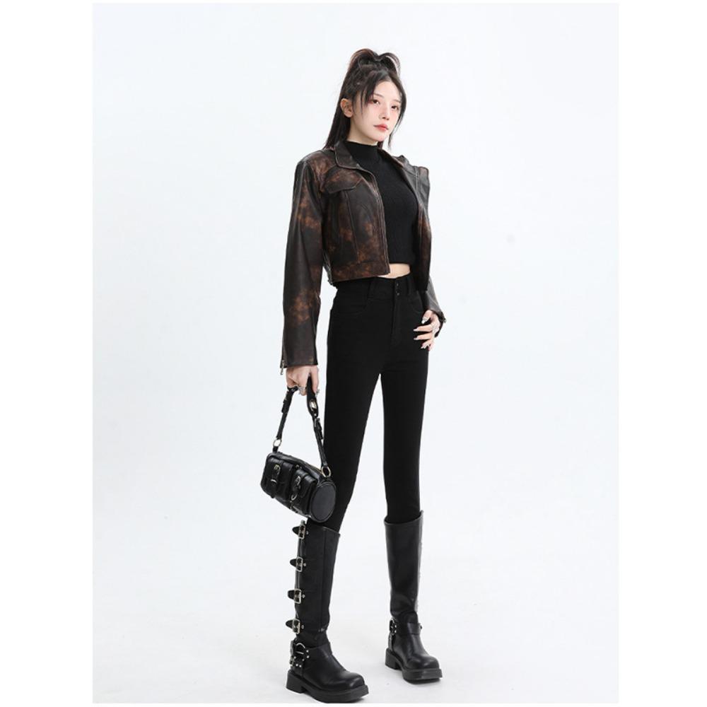 Personalized simple double-breasted design jeans women's autumn and winter 2025 fleece tight elastic pencil small denim pants