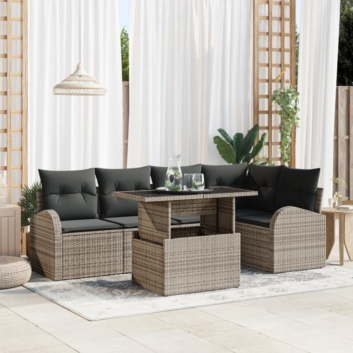 Ensemble de canapé de jardin de 6 pièces avec coussins en rotin poly gris, Canapé de jardin 2 places avec rangement et 3357382