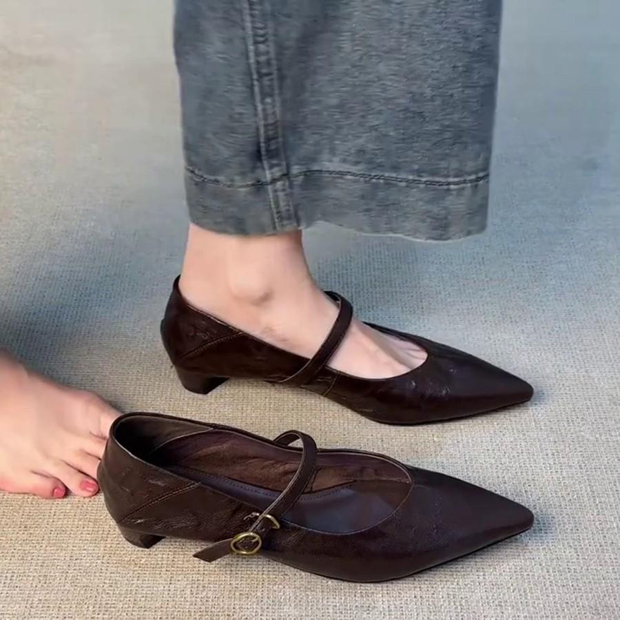 Sheepskin Version~ Pointed French Temperament Elegant and Fashionable Summer Versatile Thick Heel with Daily Commuting Women's Single Shoes