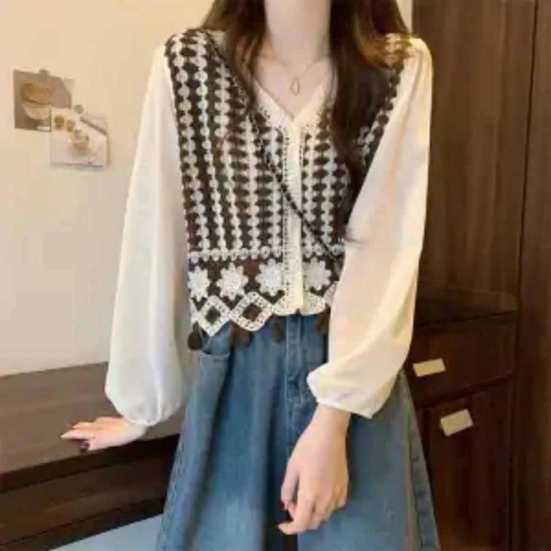 Hochtaillierter Strick-Cardigan Sonnenschutz-Shirt Blume Ausgehöhltes Top für Damen im Frühling V-Ausschnitt Kurz