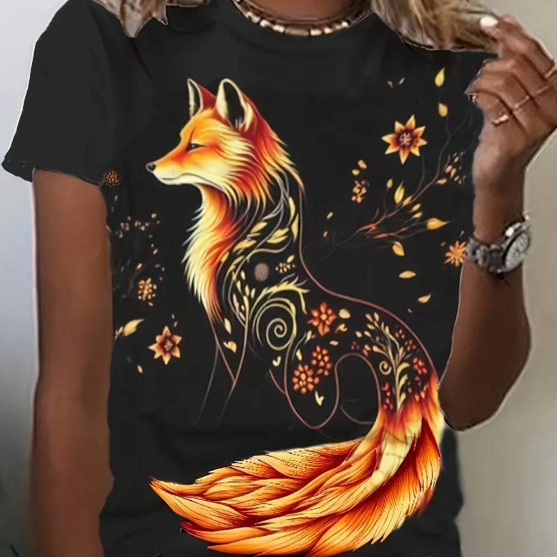 

Ladies casual short sleeved top, 3D fox design, essential for spring and summer S