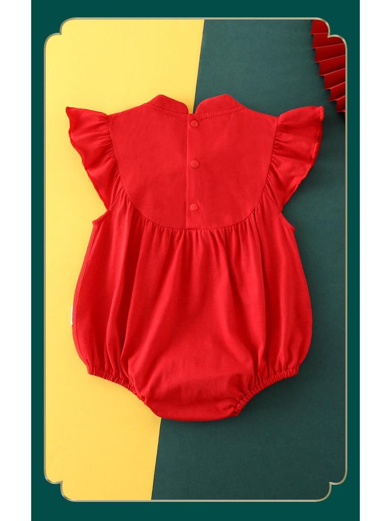 Röd Kortärmad Babyflicka Sommar Romper Onesie - Första Födelsedagsoutfit, 100-dagarsfirande - Stil 5391