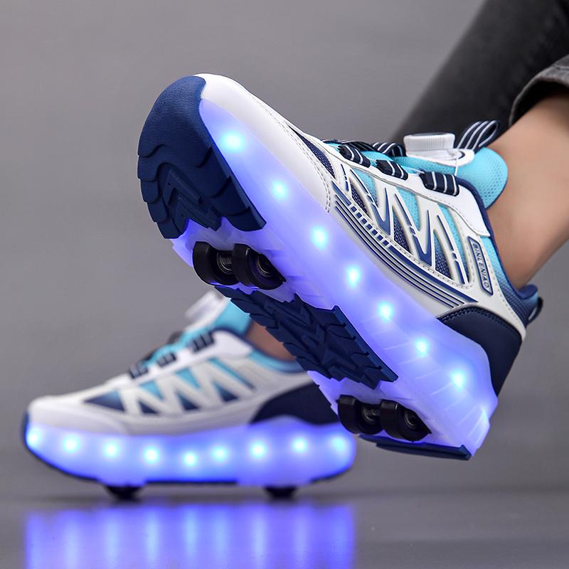 Four-wheel Running Shoes Detachable Flat Shoes Rechargeable USB Luminous Sports Light Shoes Girls Roller Skates Boys Shoes