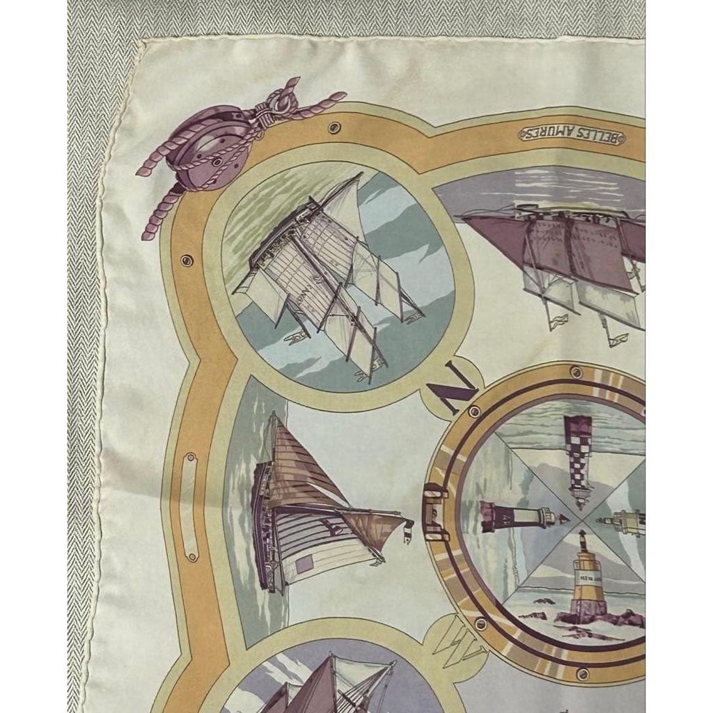 Used Hermes BELLES AMURES ship pattern scarf 100% silk
