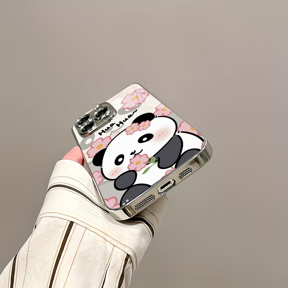 Cute Panda Flower Silver Plated Glass Phone Case Suitable for iPhone 17 16 15 14 13 12 11 Pro/Max/Plus Scratch Resistant