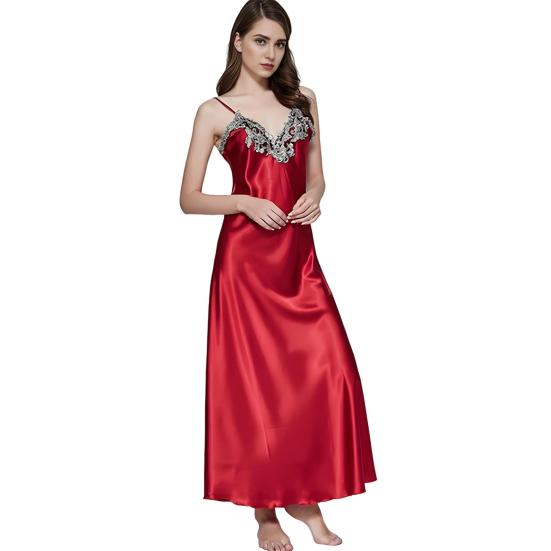 Women's Satin Lace Nightgown Spaghetti Strap Sleeveless Slip Dress Soft V Neck Maxi Sleepwear Silky Chemise Nightdress