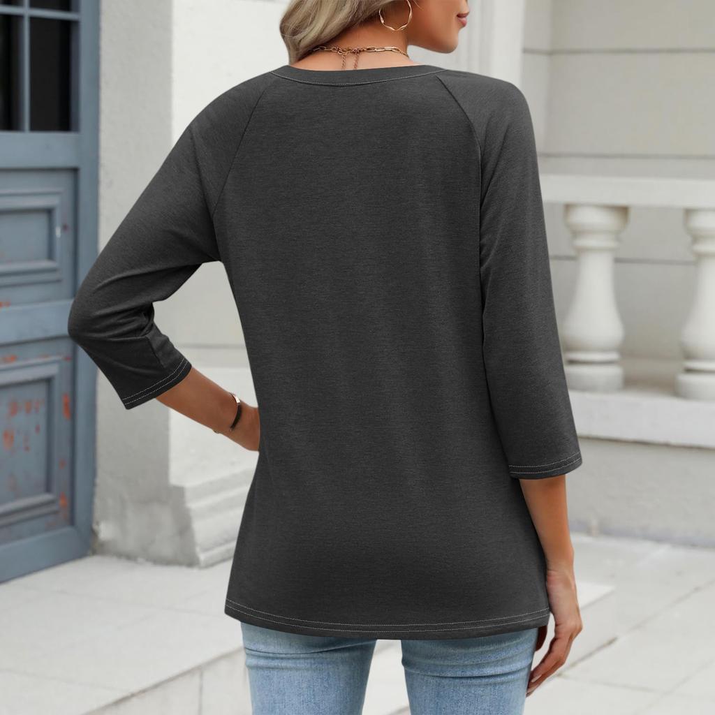 Women's V Neck 3/4 Sleeve Tops Casual T Shirts Basic Summer Tees Loose Fit Fall Pullover Tunic
