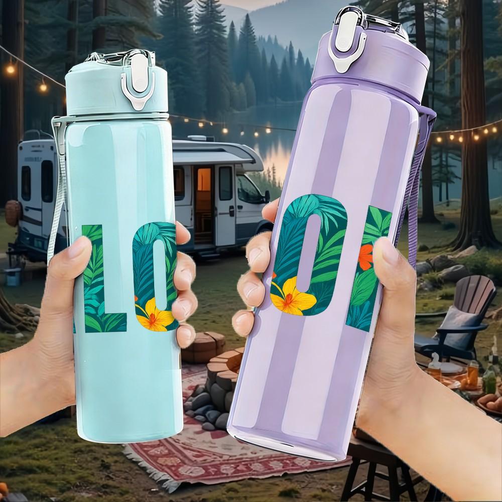 1PC Colorful ALOHA Letter Art 750ml Color Plastic Sports Water Bottle Leakproof Flip Straw Lid Suitable for Sports Office Home Use