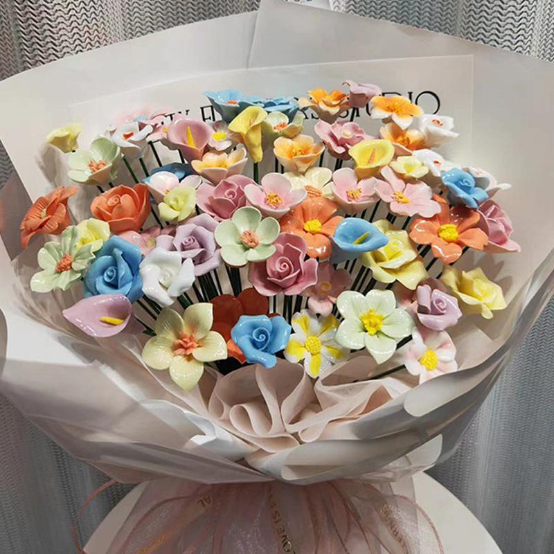 5 Pcs Ceramic Handmade Artificial Flowers Art Crafts Floral Arrangements Color Random Home Wedding Party Decor Fake Flower