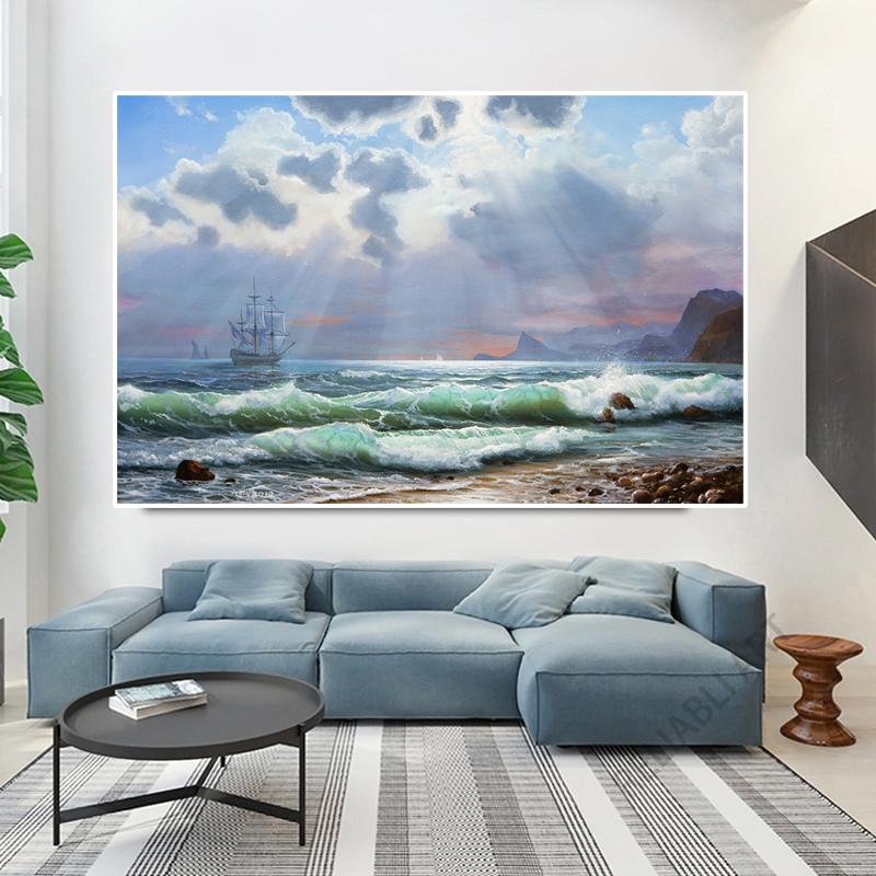 Obraz olejny Vintage Fale Morskie Wydrukowany na Płótnie Statek Zachód Słońca Pejzaż Plakaty i Druki do Dekoracji Salonu Cuadros
