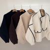 New Arrivals Open Run Women Bicolor Button High Neck Two Pocket Oversized Knit J