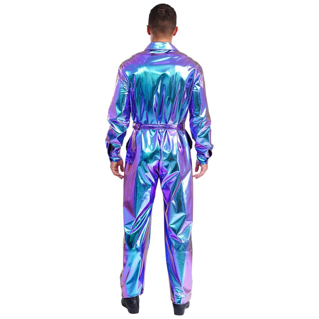 Glanzende Metallic Turn-down Kraag Lange Mouwen Hoge Taille Jumpsuit Heren Halloween Kostuum