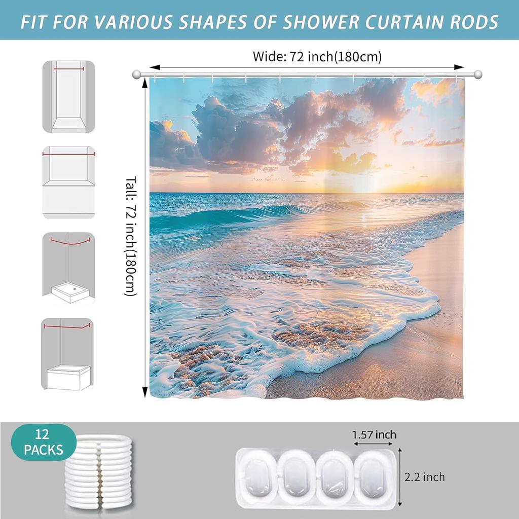 Beach Sunset Shower Curtain Ocean Waves Sky Clouds Tropical Scene Nature Art Bath Decor Waterproof Fabric Home Accessories