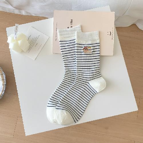 Striped Socks Women Cartoon Dog Embroidery Kawaii Cute Socks JK Japanese Fashion School Girls Knitted Cotton Elastic Long Socks