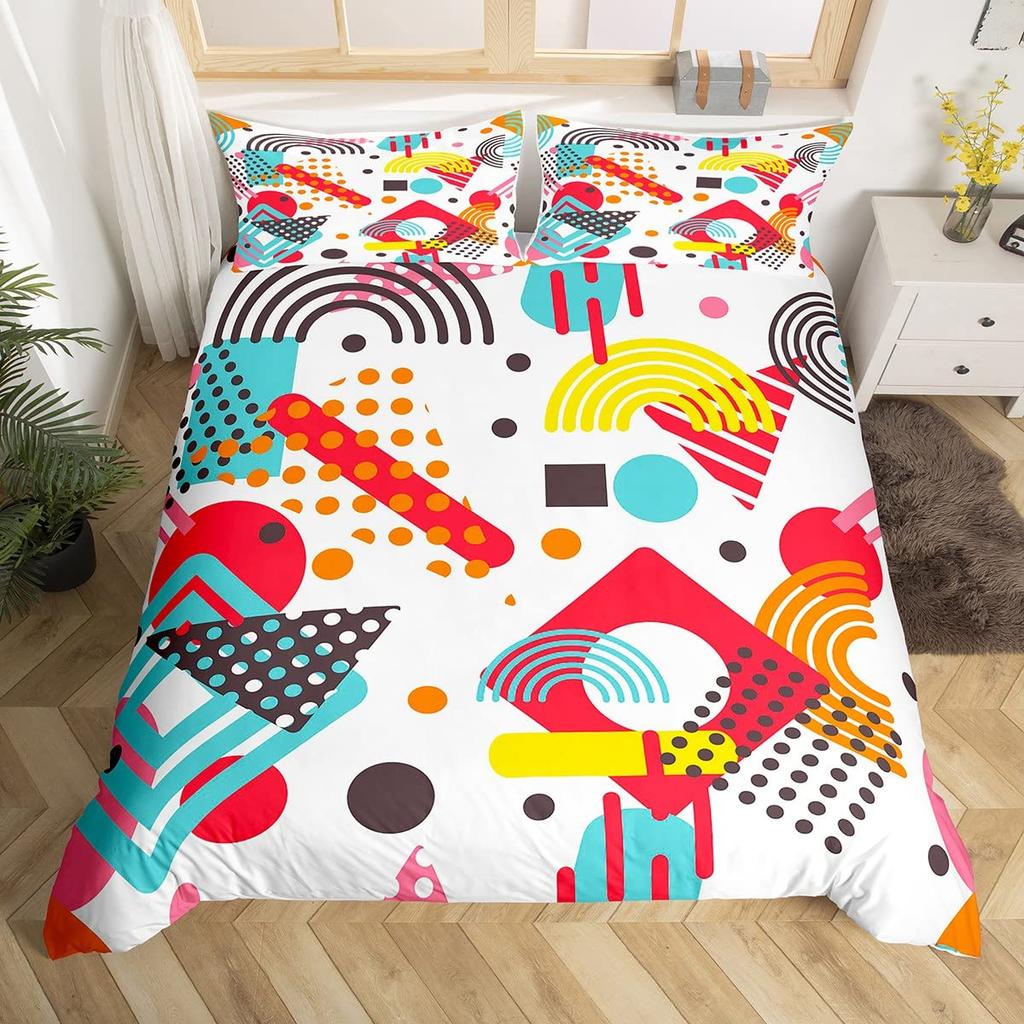 Blau Pink Memphis Bettwäscheset Bunte Abstrakte Bettbezug Hippie Hip Hop Deckenbezug Geometrisch Vintage Mode Steppdeckenbezug