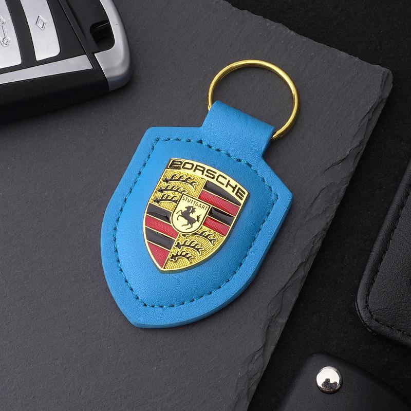 High Quality PU Leather Car Keychain Shield Alloy Keyring Pendant Gift For Porsche Cayenne Panamera Macan Boxster Cayman Sticker Mszh62