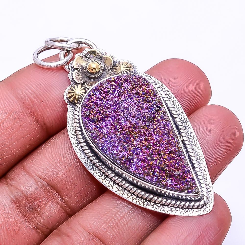 

Purple Titanium Agate Drusy Oxidised Two Tone 925 Silver Pendant 2.15 P34