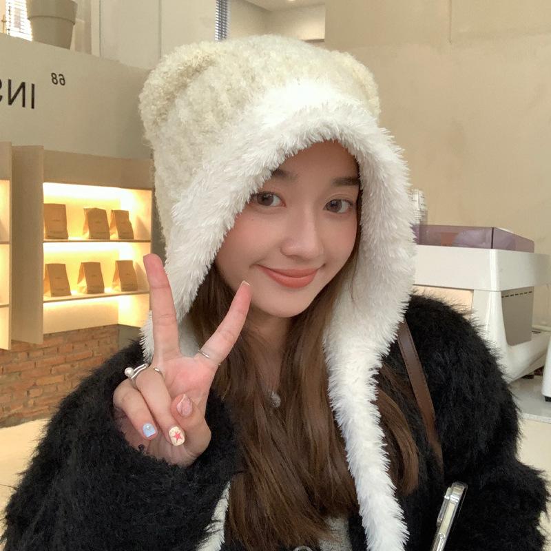 Hat Female Winter Sweet Cute Bear Lace-up To Keep Warm Thickened Bag Head Wool Hat Shows Small Face Big Head Circumference Knitting
