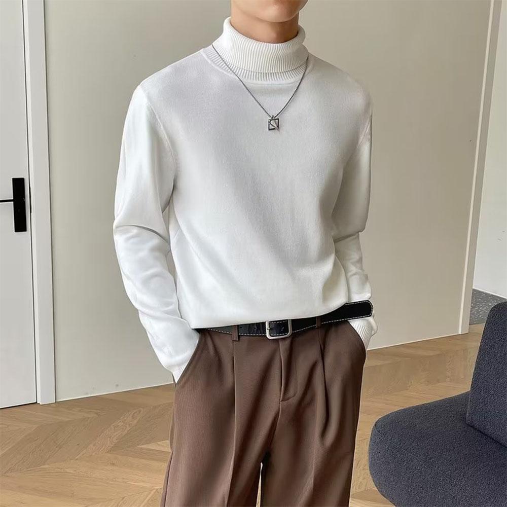 Vinterskjorte for menn, fleecegensere, casual genser, ensfarget, grunnleggende gensere med høy krage, koreansk trend, herremote