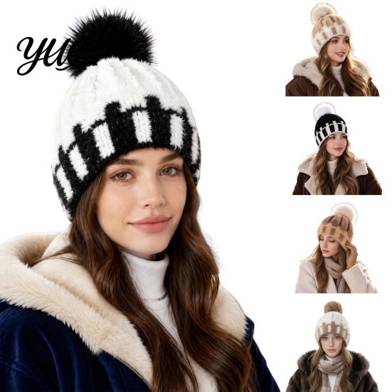 Soft Acrylic Polyester Cap Knit Winter Hat with Faux Fur Pom, Thick Color Thermal Headwear for Skiing Block Cable Cap, Elastic Cold Weather