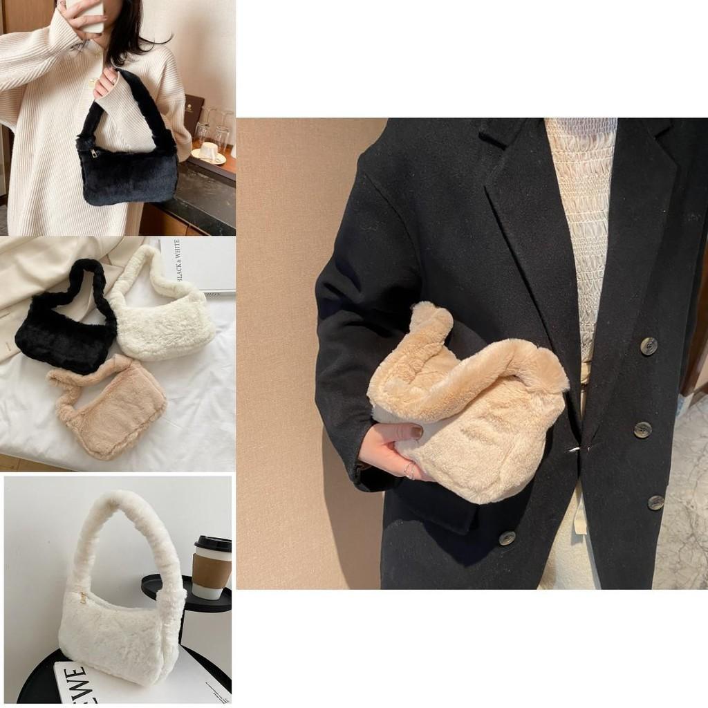 Cozy Fluffy Nylon Shoulder Bag For Girls Modern Casual Travel With Zipper Closure