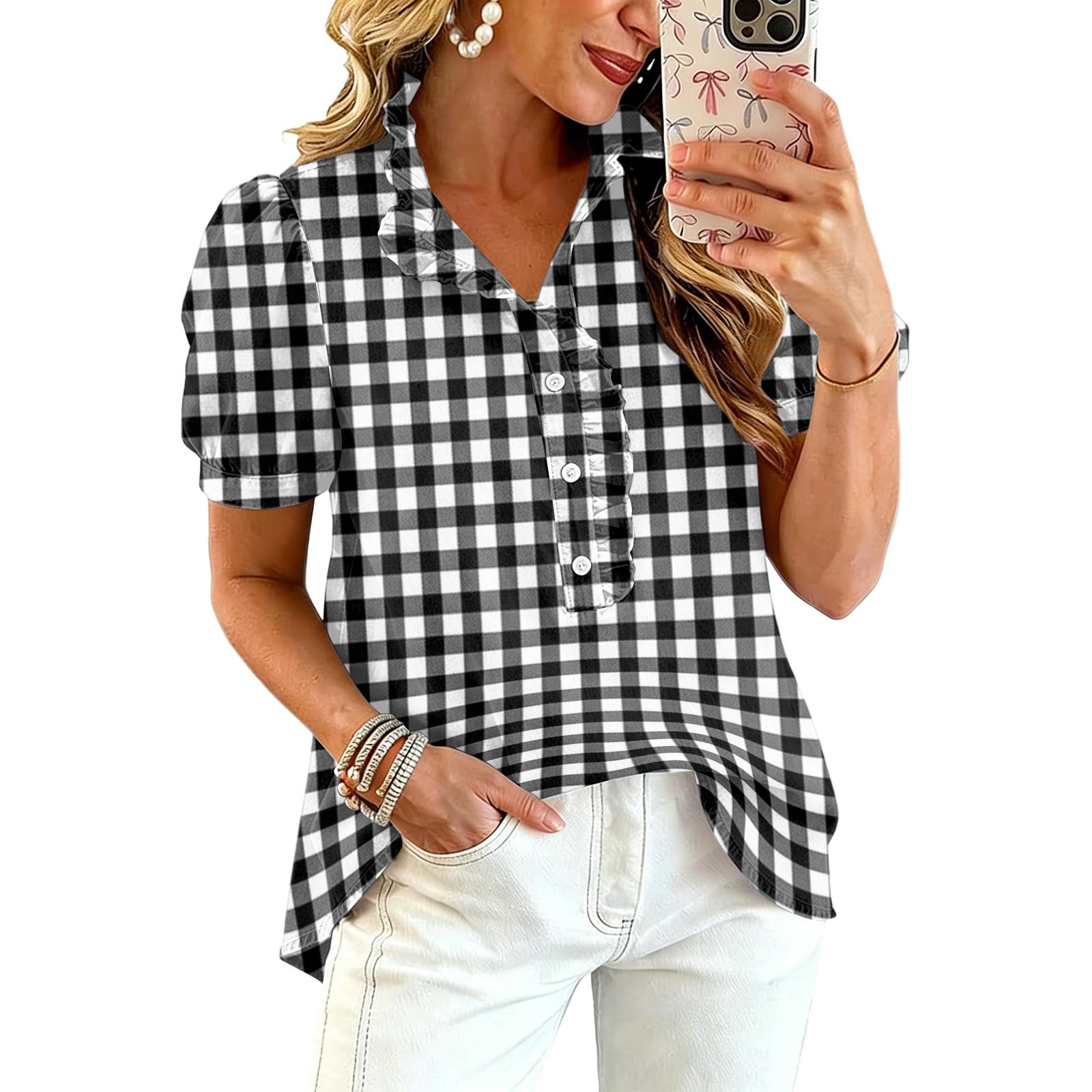 Women’s Fashion Casual Ruffle V Neck Gingham Print Blouse with Short Puff Sleeves and Button Front Design L